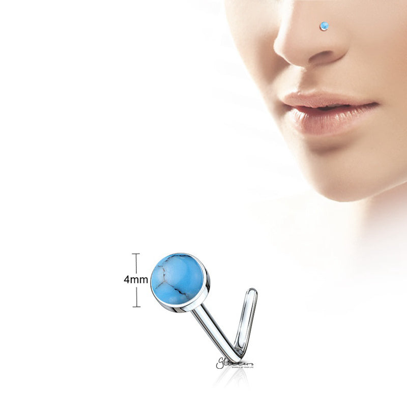 Turquoise Stone Set L Bend Nose Stud Ring-Body Piercing Jewellery, L Bend, Nose Piercing Jewellery, Nose Studs-SemiPreciousStoneSetLBendNoseStudRing-TQ-2-Glitters