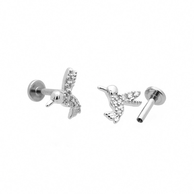 Hummingbird Top Internally Threaded Flat Back Stud-Body Piercing Jewellery, Cartilage, Cubic Zirconia, Labret, Monroe, Tragus-TG0142-4-Glitters