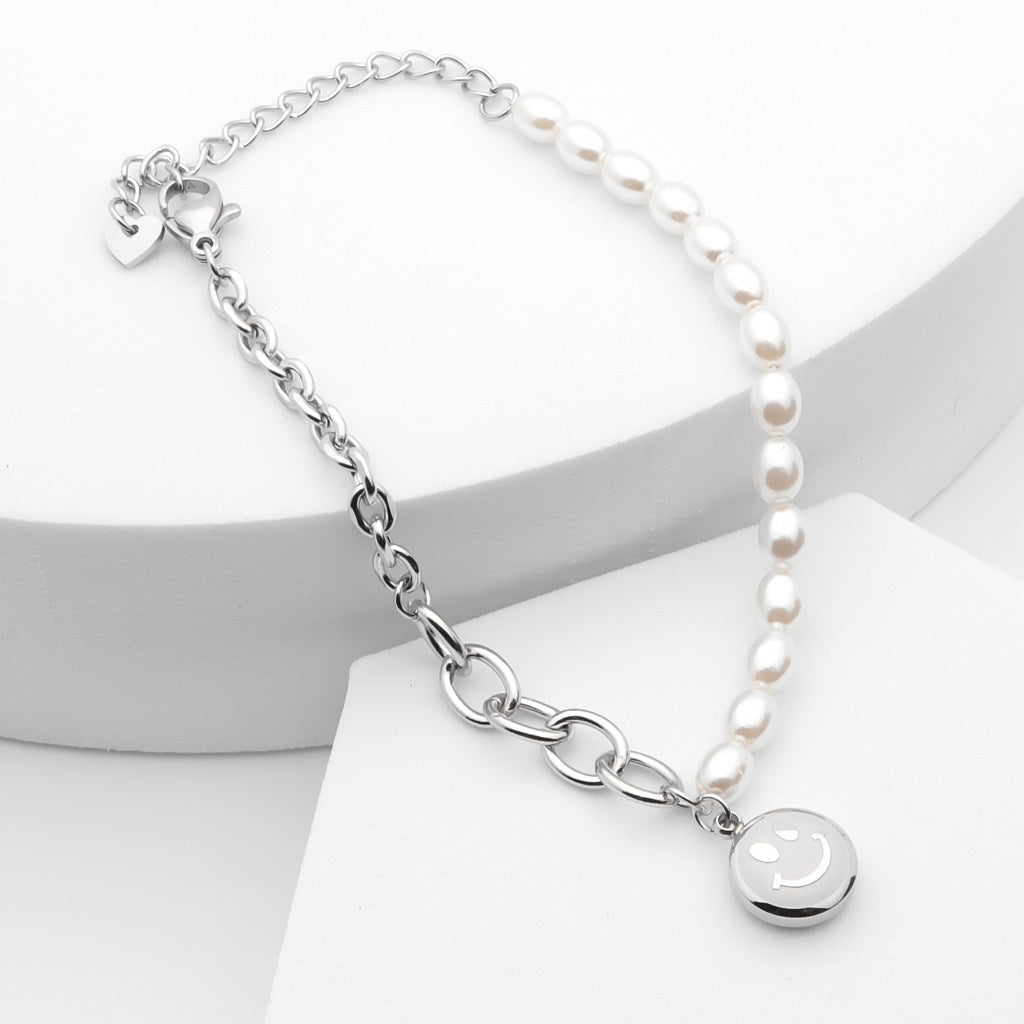 Stainless Steel Women's Bracelet with Dangle Smiley Face Charm - Silver-Bracelets, Jewellery, New, Stainless Steel, Stainless Steel Bracelet, Women's Bracelet, Women's Jewellery-WB0004-S2_1-Glitters