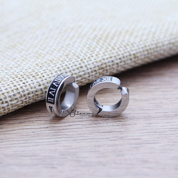 Non-Pierced Stainless Steel Clip On Roman numerals Hoop Earrings-earrings, Fake Earrings, Hinged Earrings, Hoop Earrings, Jewellery, Men's Earrings, Men's Jewellery, Non-Pierced, Stainless Steel, Women's Earrings, Women's Jewellery-ec0061-01-Glitters