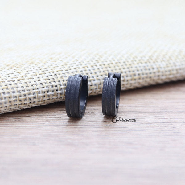 Stainless Steel Sand Sparkle Hinged Earrings with Grooves Lines Center - 4x9-earrings, Hoop Earrings, Huggie Earrings, Jewellery, Men's Earrings, Men's Jewellery, Stainless Steel, Women's Earrings, Women's Jewellery-er0122-02-k-Glitters