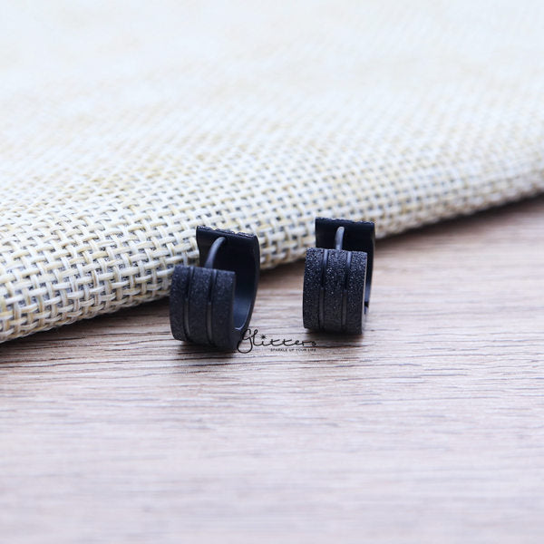 Stainless Steel Sand Sparkle Hinged Earrings with Grooves Lines Center - 7x9-earrings, Hoop Earrings, Huggie Earrings, Jewellery, Men's Earrings, Men's Jewellery, Stainless Steel, Women's Earrings, Women's Jewellery-er0122-03K-Glitters