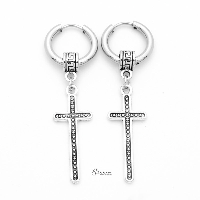 Stainless Steel Huggie Hoop Earrings with Cross Charm-earrings, Hoop Earrings, Huggie Earrings, Jewellery, Men's Earrings, Men's Jewellery, Stainless Steel, Women's Earrings-er1543-1_1-Glitters