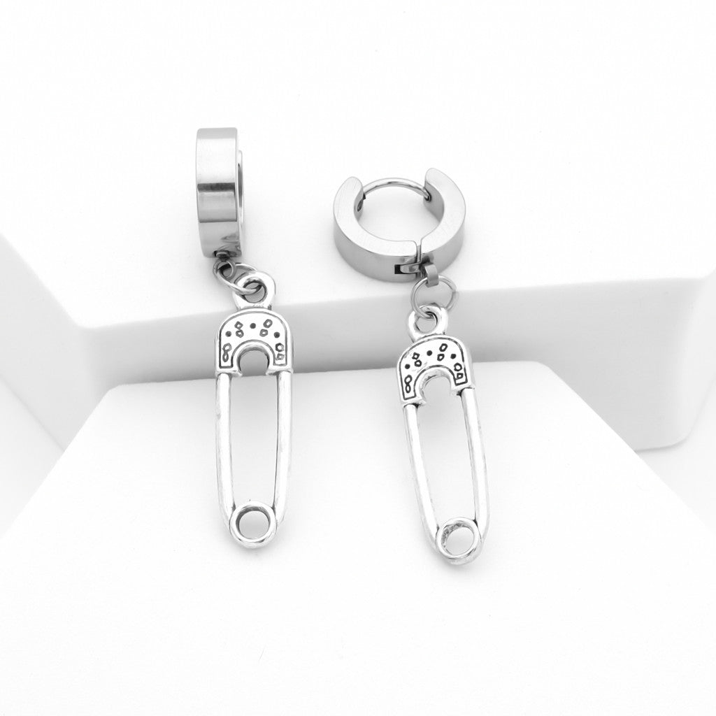 Safety Pin Dangle Huggie Hoop Earrings-earrings, Hoop Earrings, Huggie Earrings, Jewellery, Men's Earrings, Men's Jewellery, Stainless Steel, Women's Earrings-er1563-s_1-Glitters