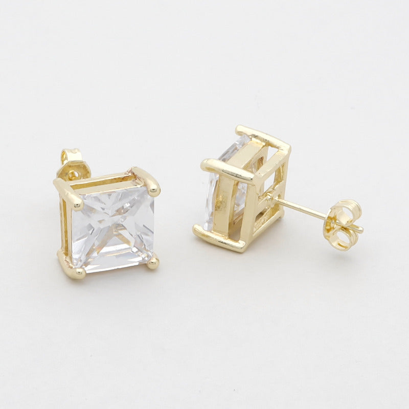 18k Gold Plated Clear Square C.Z Studs Earrings-Cubic Zirconia, earrings, Hip Hop Earrings, Iced Out, Jewellery, Men's Earrings, Men's Jewellery, Stud Earrings, Women's Earrings, Women's Jewellery-gw-2_1-Glitters