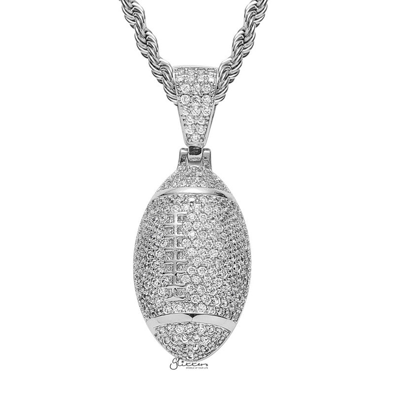 Iced Out Rugby Ball Pendant - Silver-Hip Hop, Hip Hop Pendant, Iced Out, Men's Necklace, Necklaces, Pendants-nk1087-s1_1-Glitters