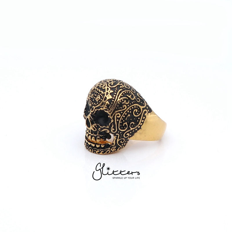 Gold IP Stainless Steel Day of the Dead Skull Cast Ring-Jewellery, Men's Jewellery, Men's Rings, Rings, Stainless Steel, Stainless Steel Rings-sr0204_2-Glitters