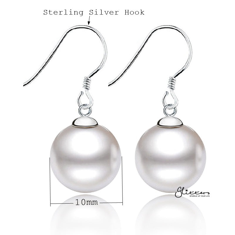 10mm Round Shell Pearl Sterling Silver Hook Dangle Earrings-Dangle Earring, earrings, Jewellery, Women's Earrings, Women's Jewellery-sse0038_1000-03_New-Glitters