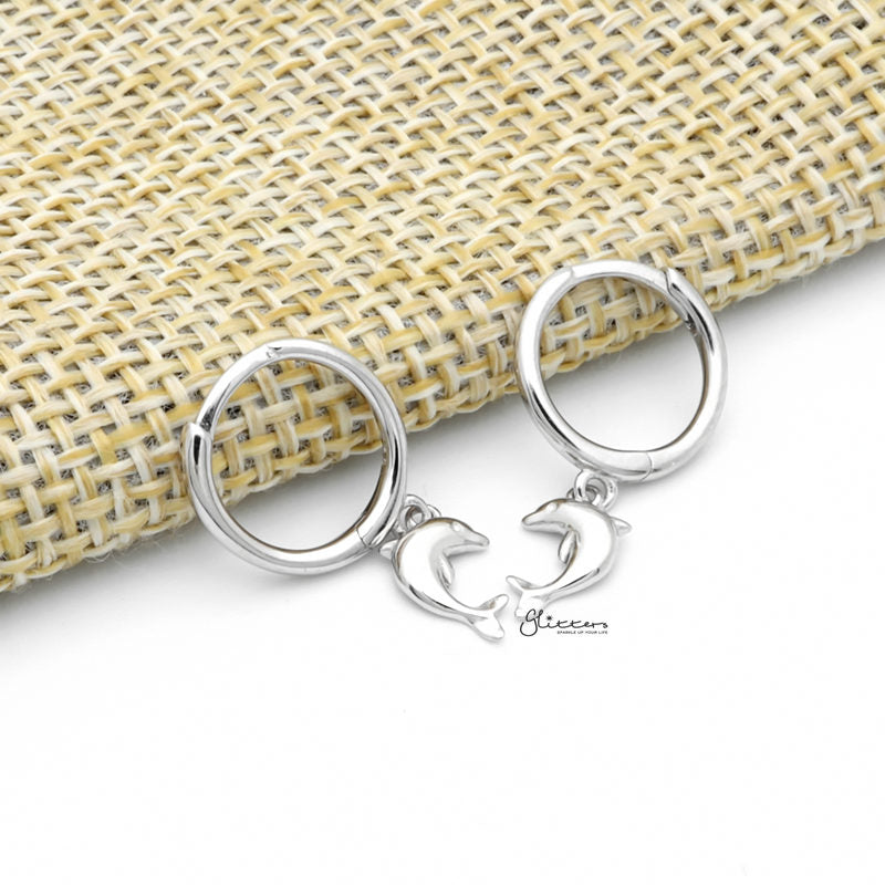 Sterling Silver Huggie Hoop Earrings with Dangle Dolphin - Silver-Cubic Zirconia, earrings, Hoop Earrings, Jewellery, Women's Earrings, Women's Jewellery-sse0418-s2_1-Glitters