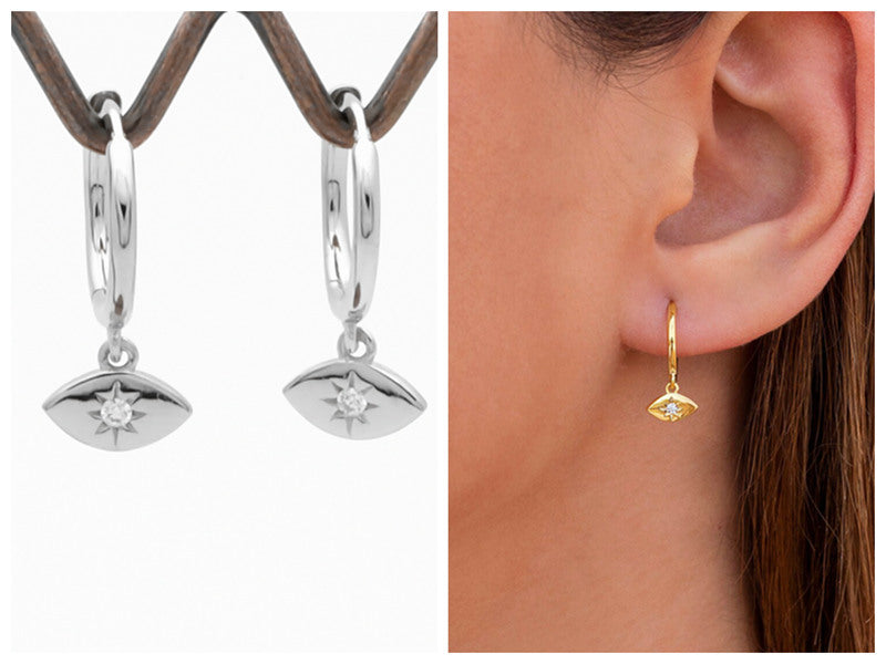 Sterling Silver CZ Eye Shaped Charm Huggie Hoop Earrings - Silver-Cubic Zirconia, earrings, Hoop Earrings, Jewellery, Women's Earrings, Women's Jewellery-sse0420-s4_596d481b-be2e-4147-95cc-2fd945fc655e-Glitters