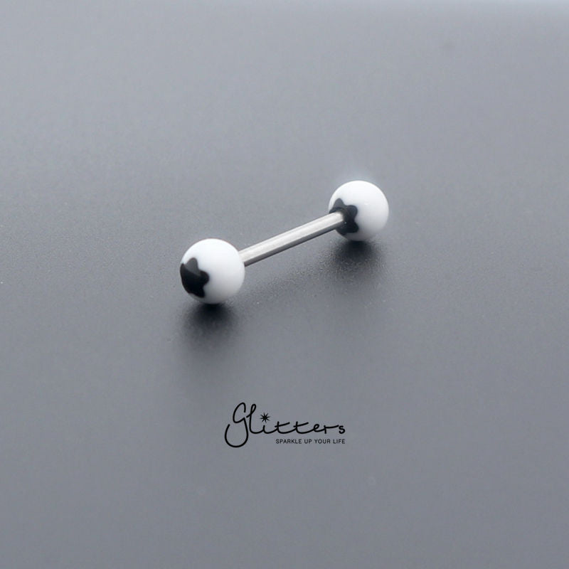 Black Flower Acrylic Ball with Surgical Steel Tongue Bar-Body Piercing Jewellery, Tongue Bar-tr0001_flower_7-Glitters