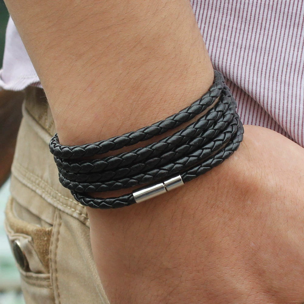 Multilayer Push In Black Leather Bracelet-Leather Bracelets-3-Glitters