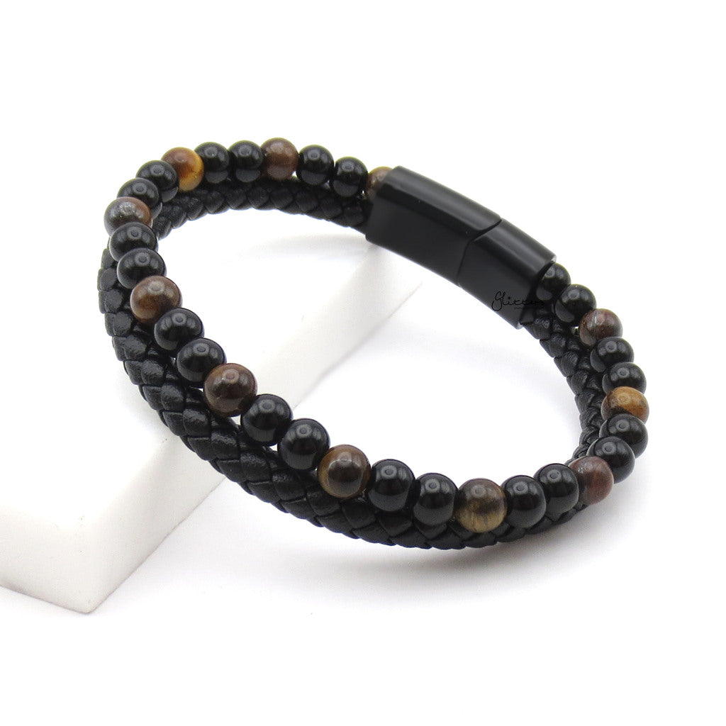 Braided Leather & Tiger Eye Bead Double Layer Bracelet