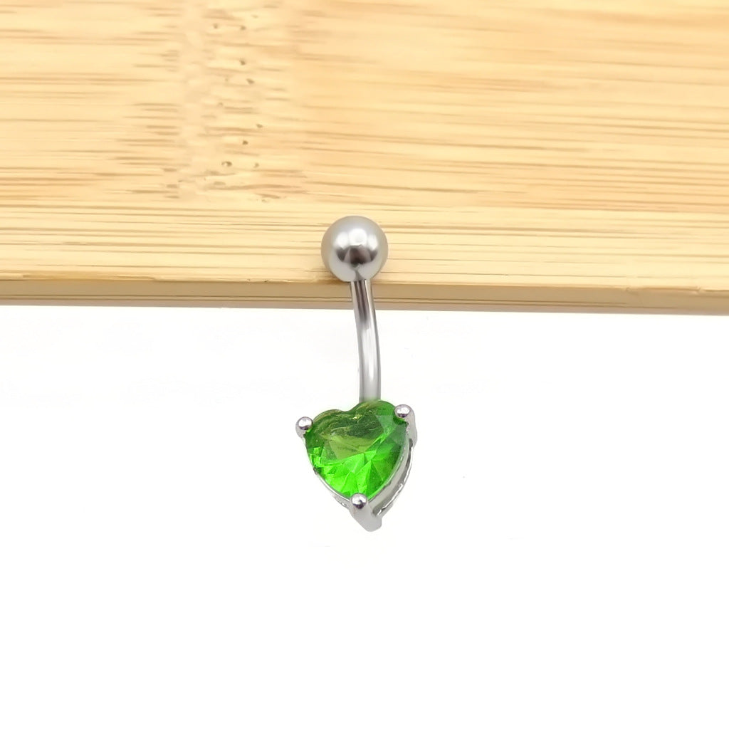 316L Surgical Steel Prong Set Solitaire Heart Cubic Zirconia Belly Ring-Green-Belly Rings-2-Glitters