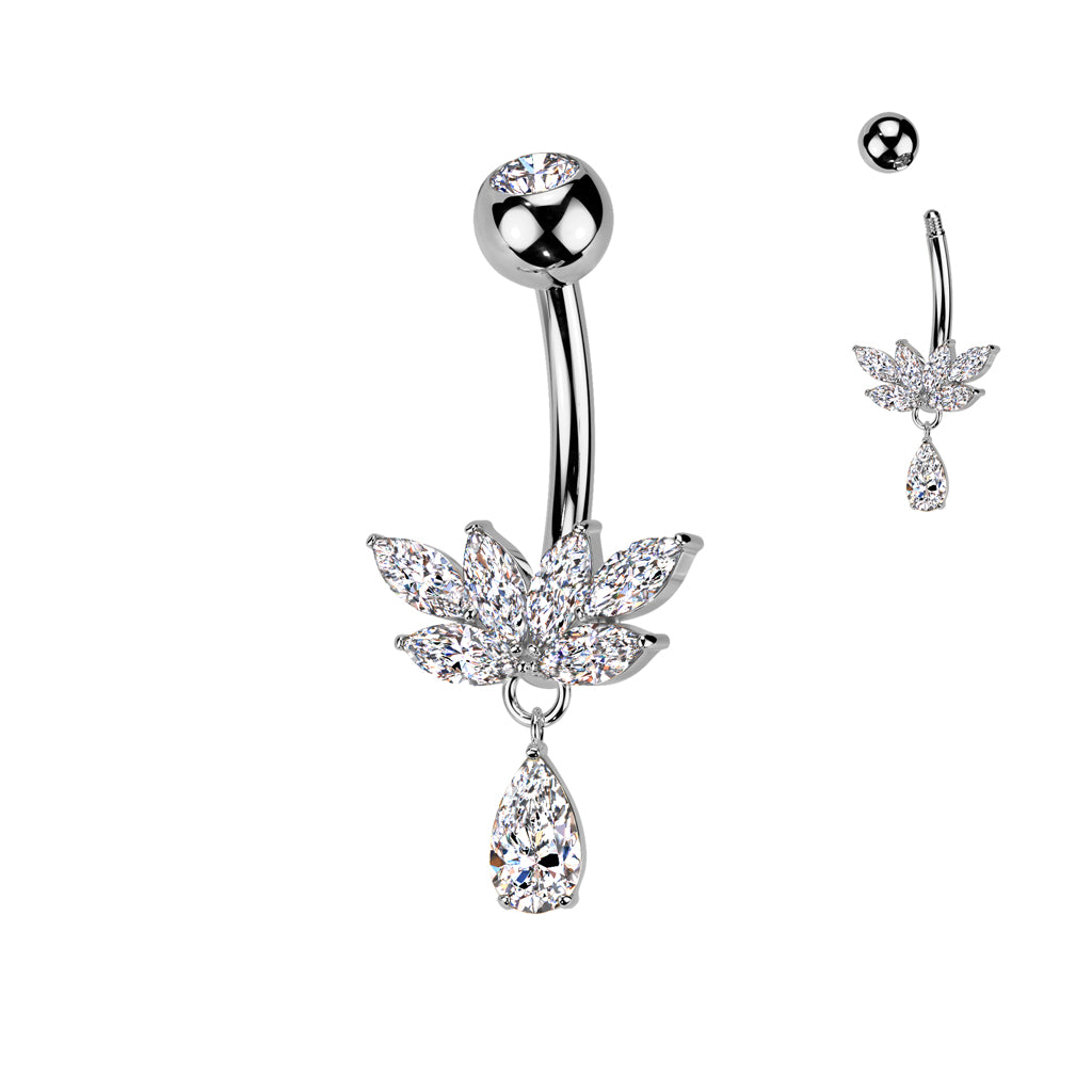 Marquise CZ Fan And CZ Teardrop Dangle Titanium Belly Button Ring - Silver-Belly Rings-1-Glitters