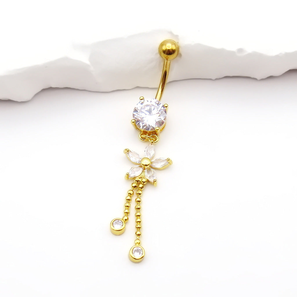 CZ Flower Dangling Fringe Belly Button Ring-Belly Rings-5-Glitters