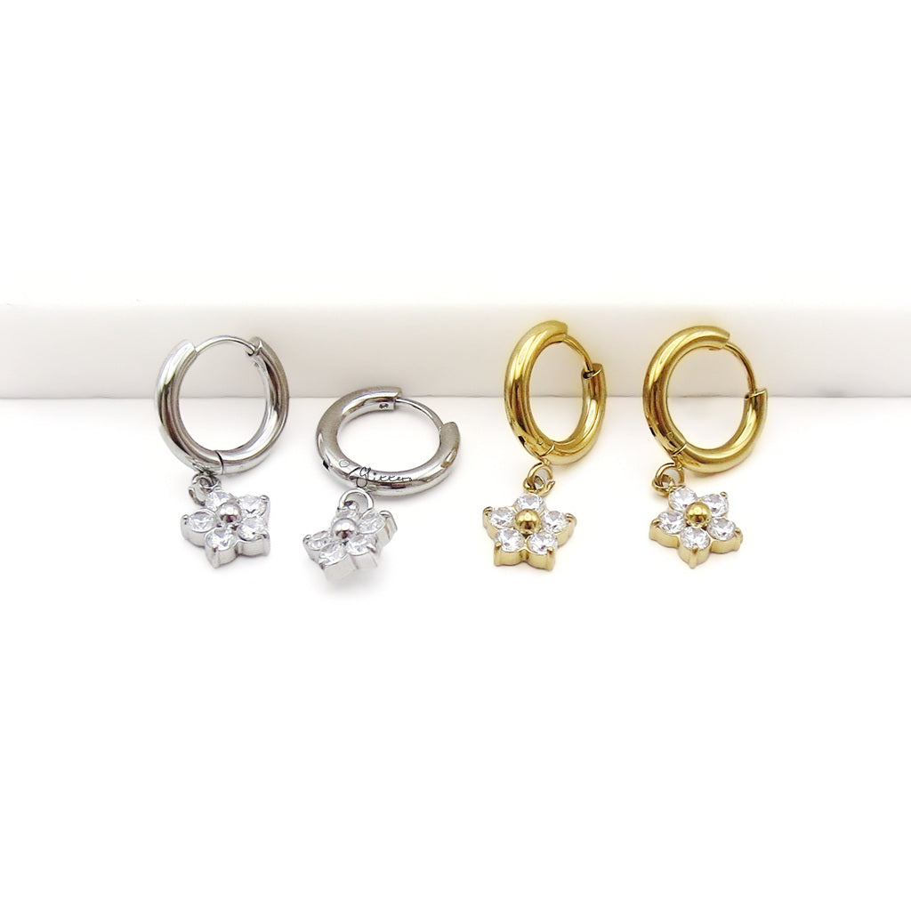 Stainless Steel CZ Flower Dangle Hoop Earrings-Earrings-4-Glitters