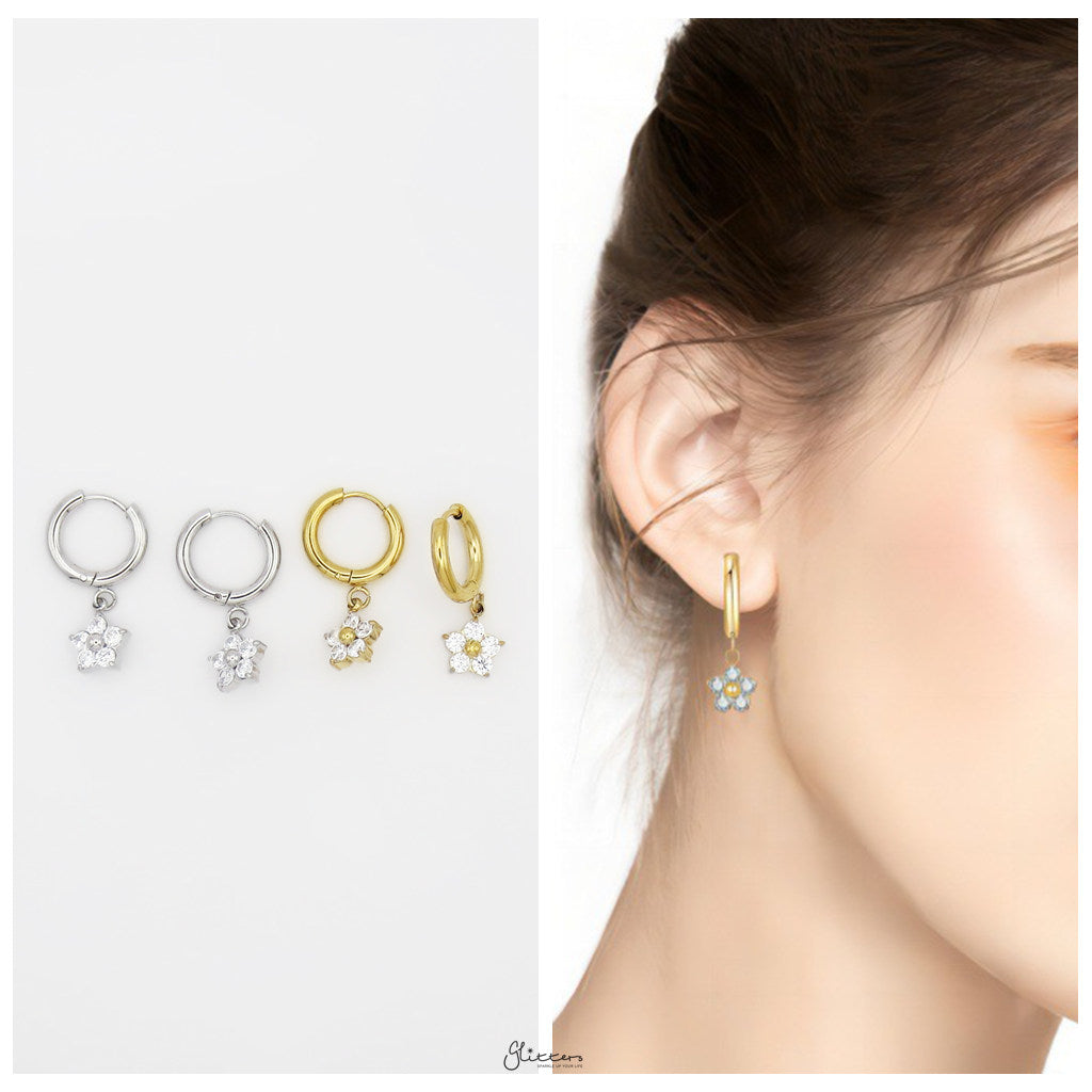 Stainless Steel CZ Flower Dangle Hoop Earrings-Earrings-3-Glitters