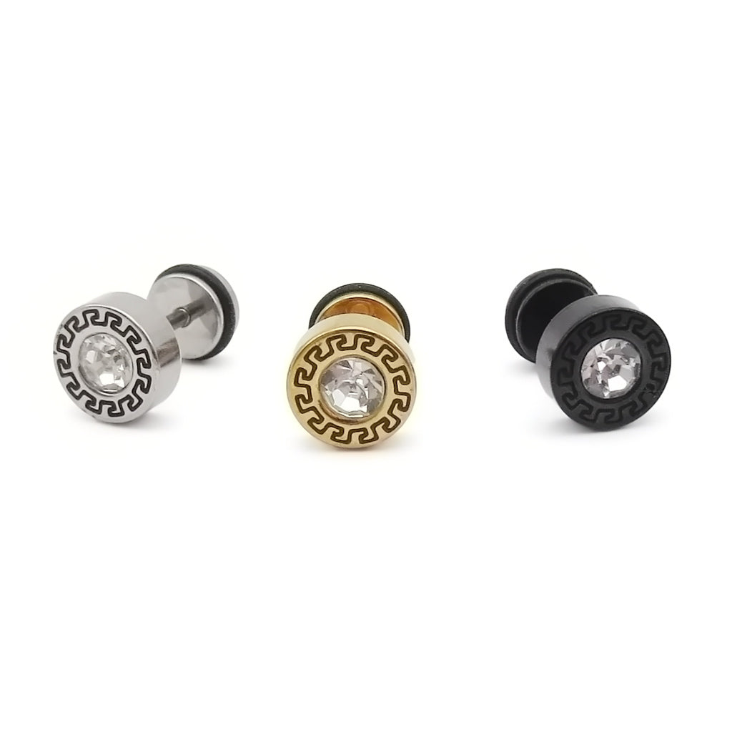 Stainless Steel Round Greek Pattern Crystal Center Fake Plug Earring