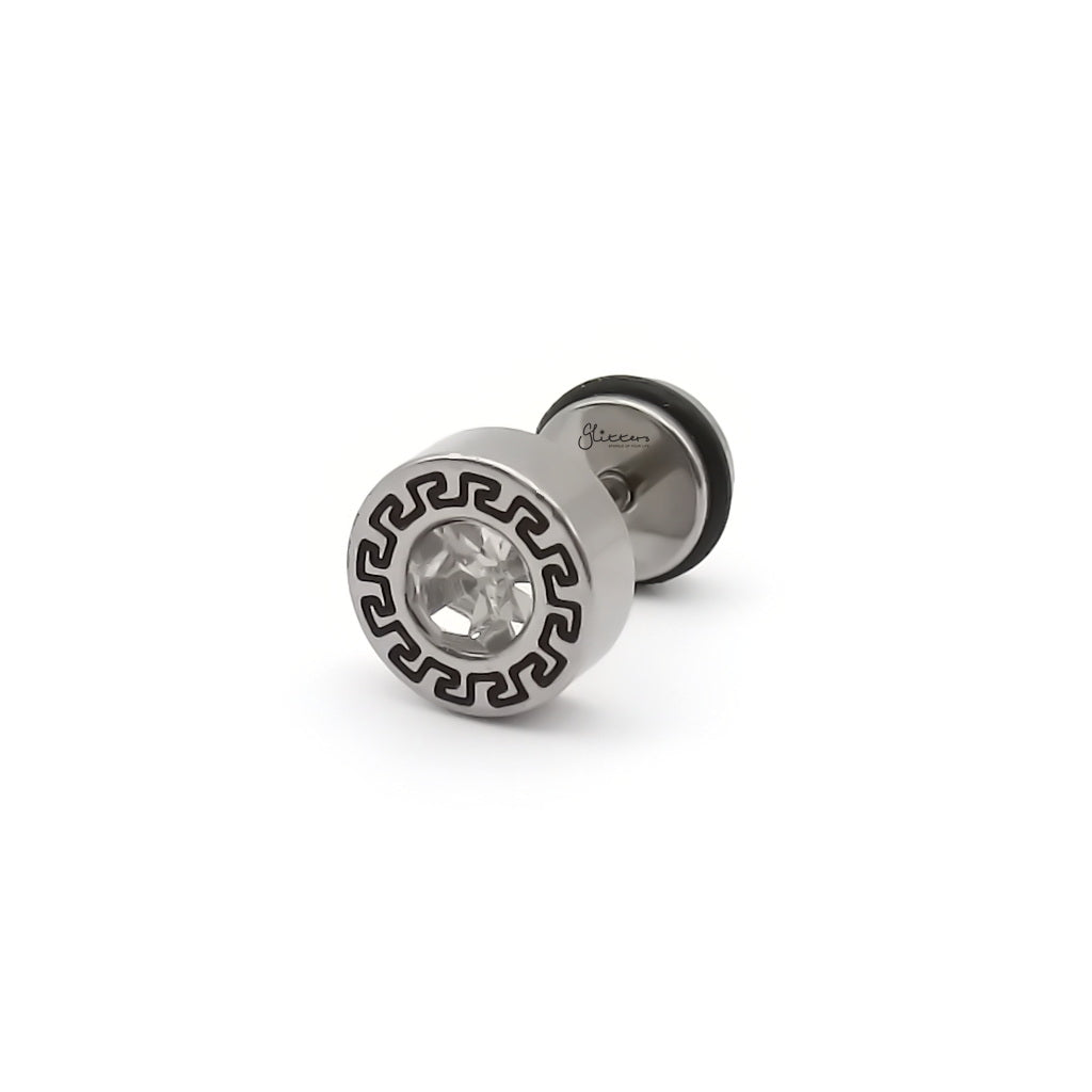 Stainless Steel Round Greek Pattern Crystal Center Fake Plug Earring