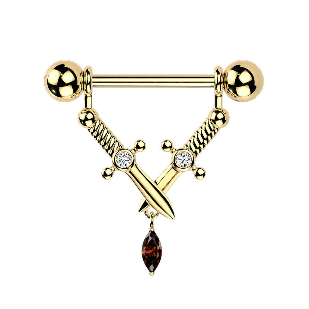 Crossed Daggers & Marquise CZ Dangle Nipple Barbell - Gold