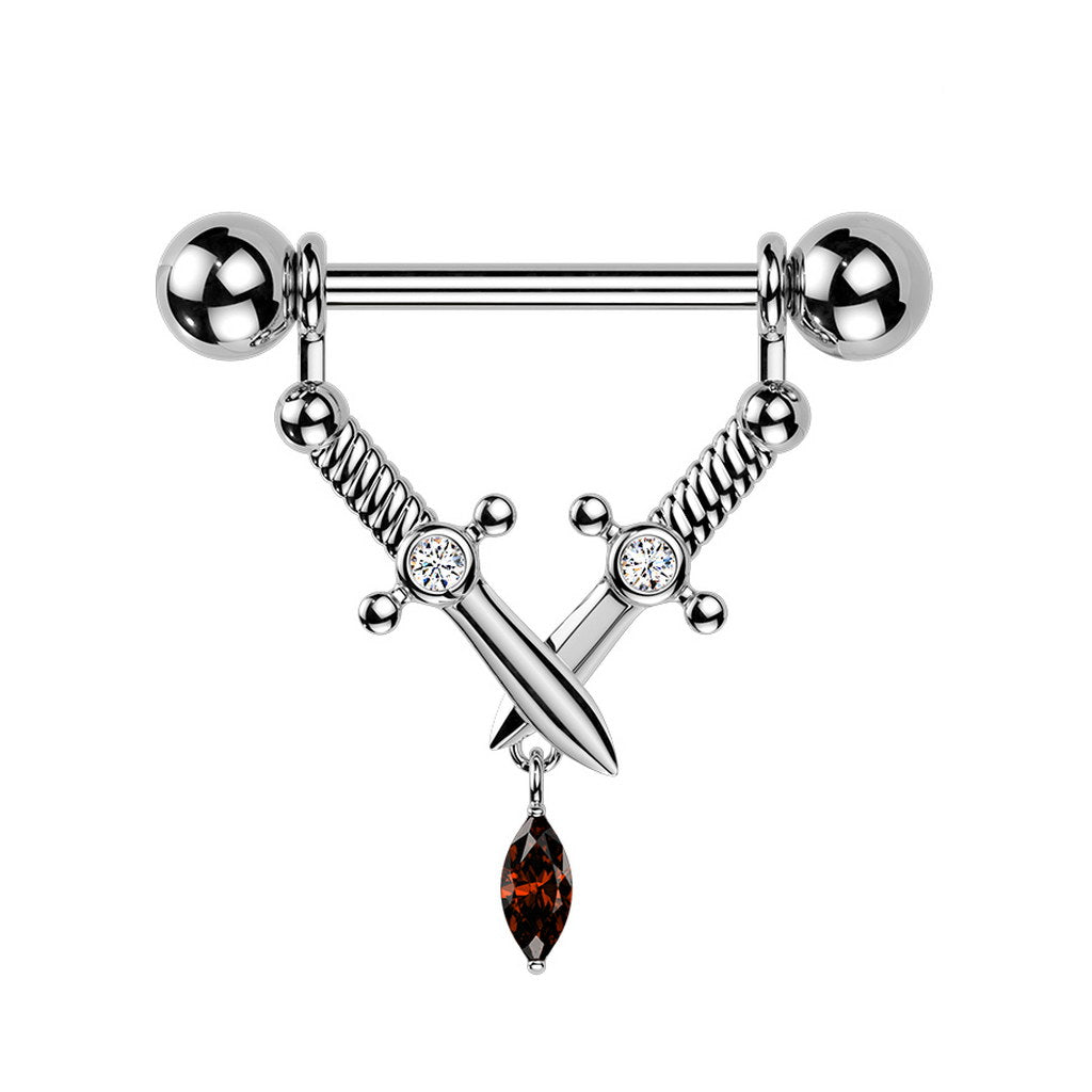 Crossed Daggers & Marquise CZ Dangle Nipple Barbell - Silver