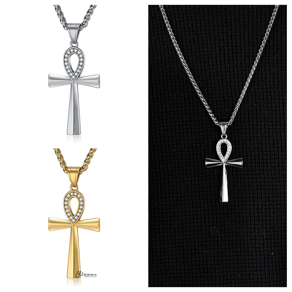 Stainless Steel CZ Ankh Cross Pendant - Gold-Pendants-4-Glitters