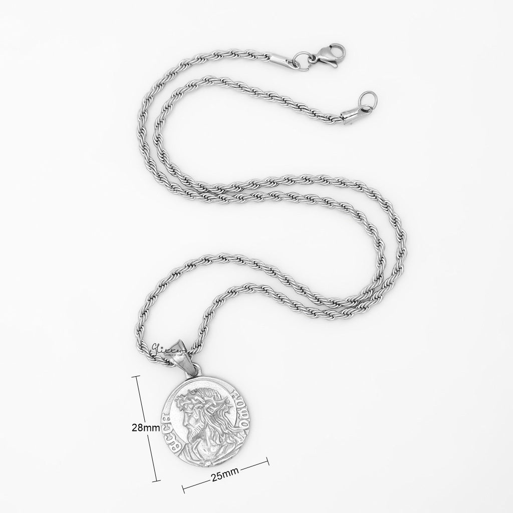 Stainless Steel Jesus Coin Pendant - Silver