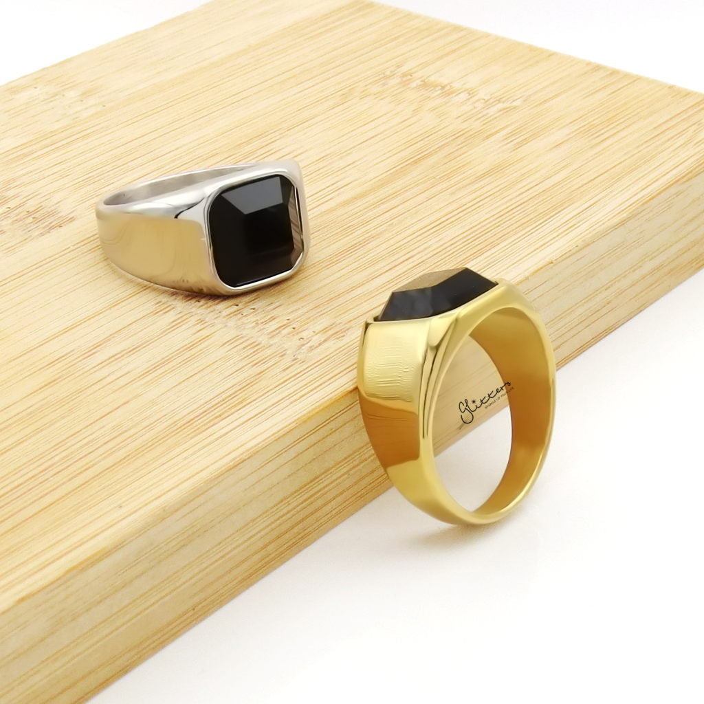 Stainless Steel Black Glass Signet Ring - Gold