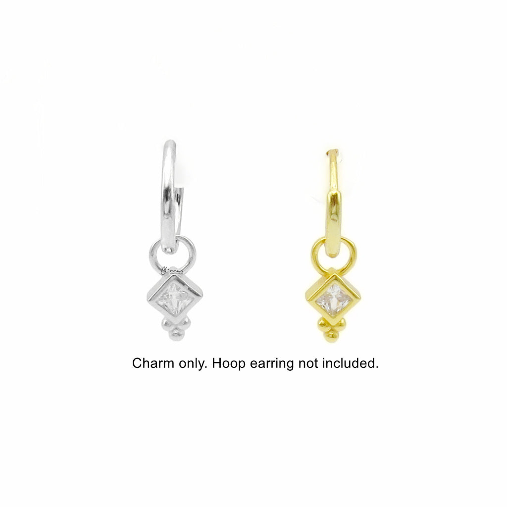 925 Sterling Silver Princess Cut CZ Hoop Earring Dangle Charm