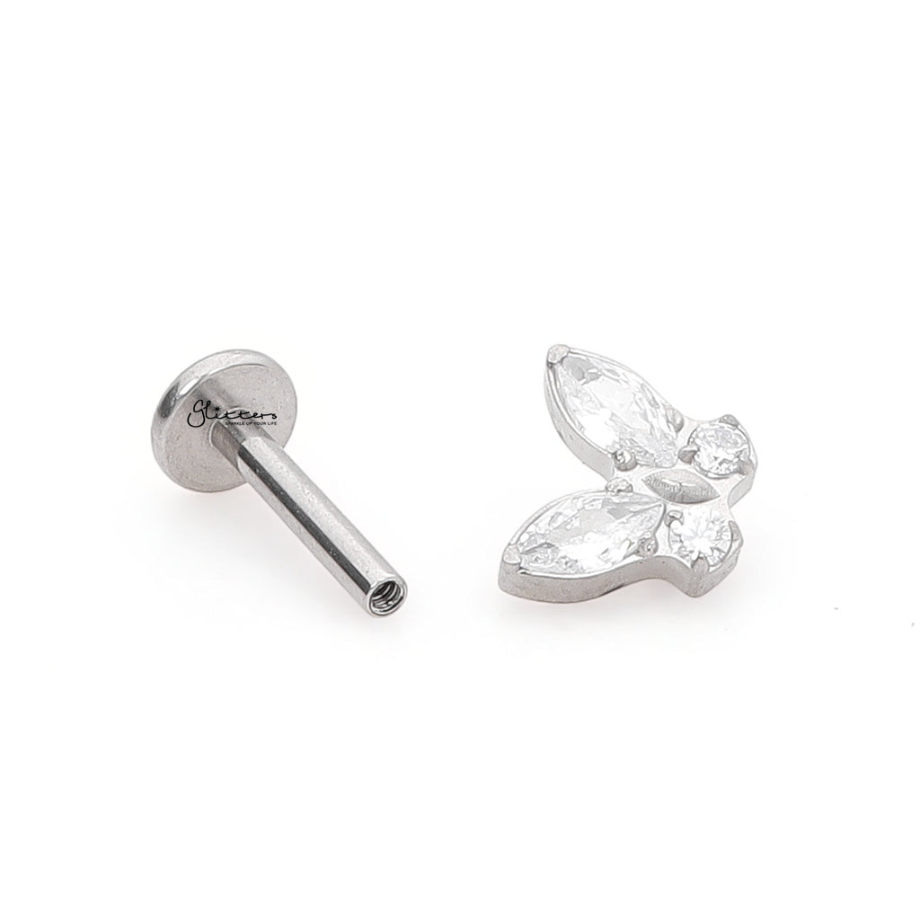 CZ Butterfly Top Internally Threaded Flat Back Stud-Tragus | Cartilage | Daith | Conch-4-Glitters