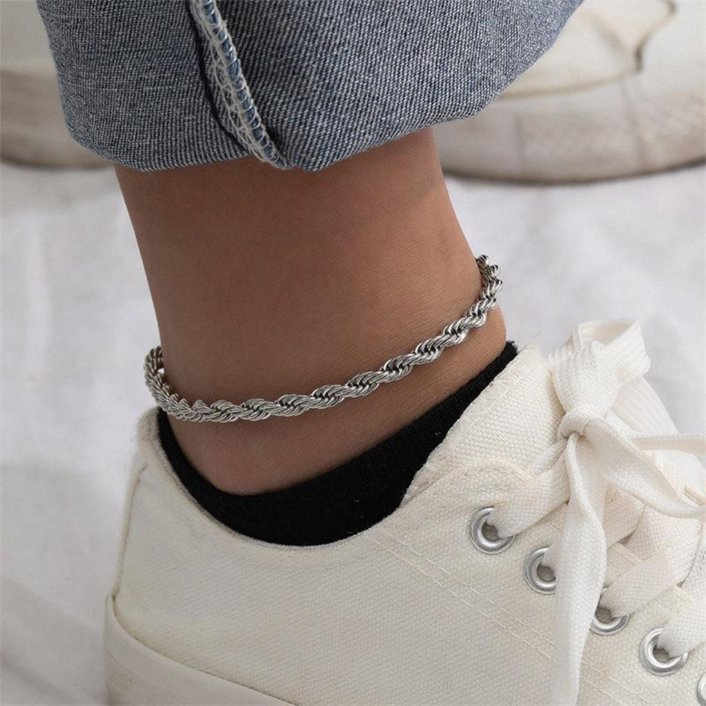 Stainless Steel 4mm Twisted Rope Chain Anklet - Silver-Anklet-2-Glitters