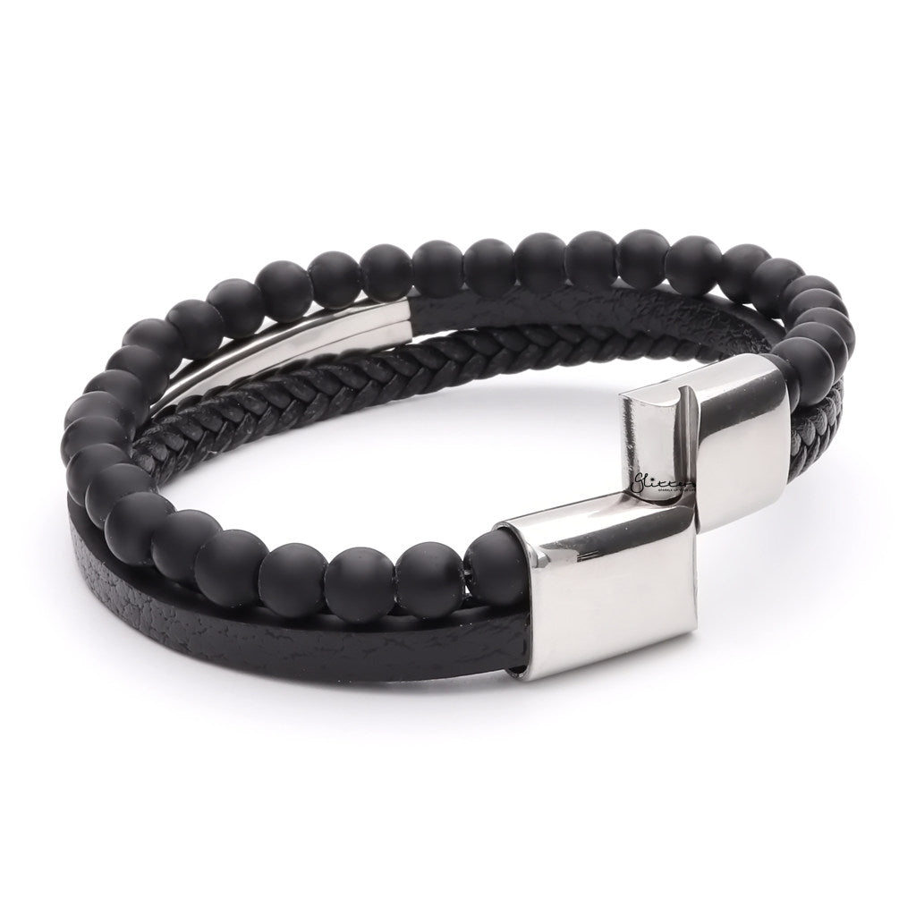 Black Beads Multilayer Leather Bracelet with Stainless Steel ID Plate-Leather Bracelets-2-Glitters