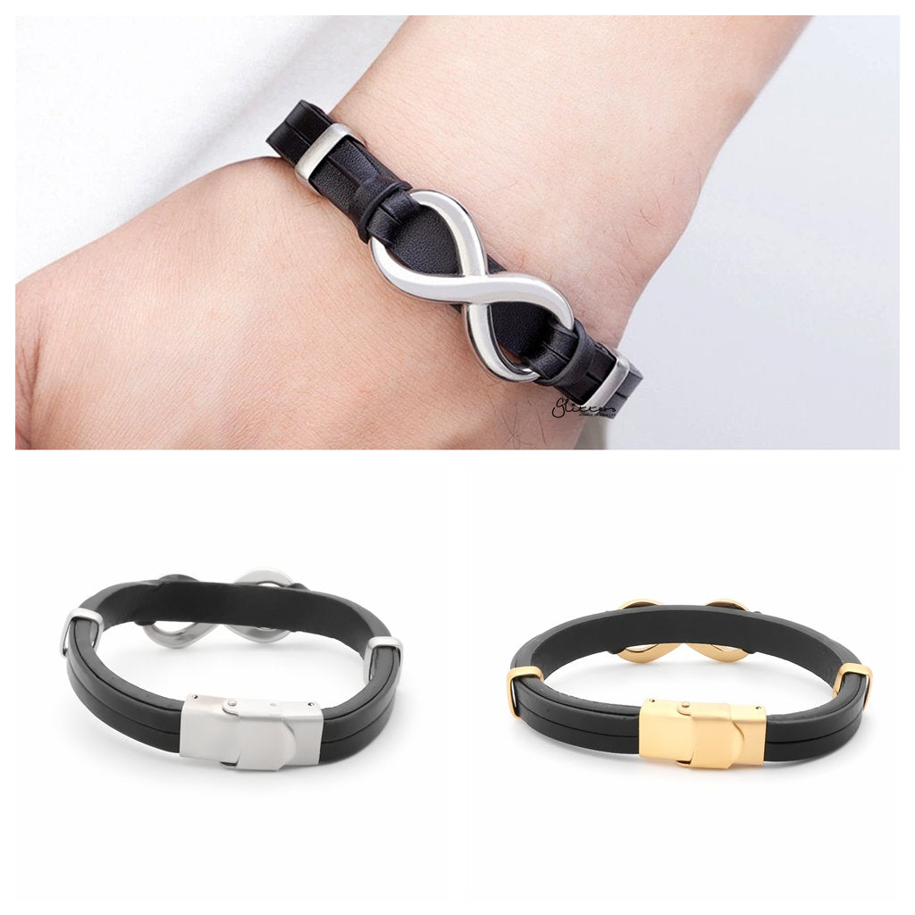 Infinity Symbol Black Leather Bracelet - Silver