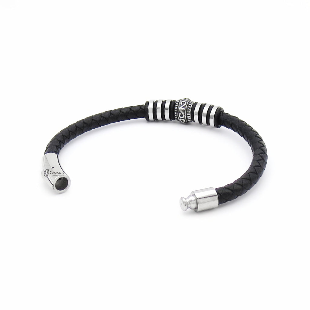 Single-Band Braided Leather Bracelet with Patterned Steel Accents-Leather Bracelets-5-Glitters