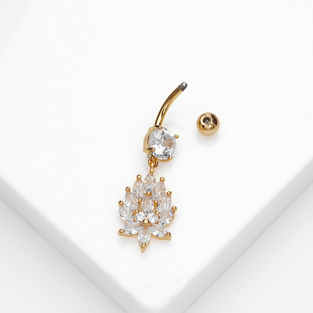 CZ Flower Dangle Belly Button Navel Ring - Gold-Belly Rings-2-Glitters