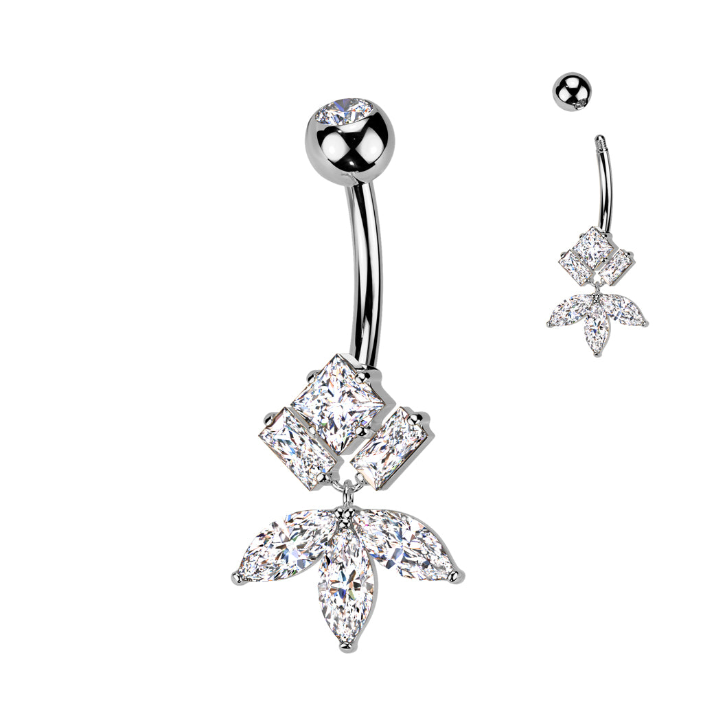 Diamond CZ And Marquise CZ Fan Dangle Titanium Belly Button Ring - Silver-Belly Rings-1-Glitters