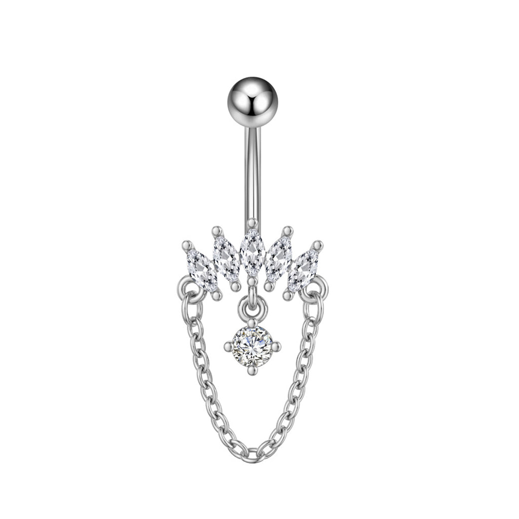 5 Marquise CZ and Chain Dangle Belly Button Navel Ring - Silver-Belly Rings-1-Glitters