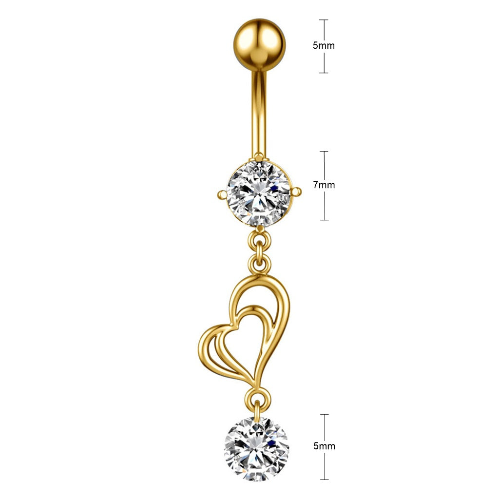 Double Heart with CZ Dangle Belly Button Ring - Silver