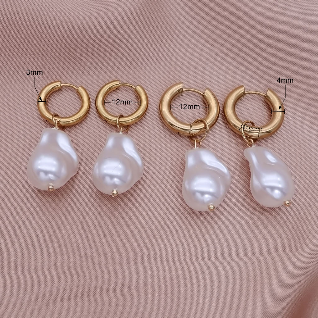 Stainless Steel Hoop Earrings with Pearl Drop - Gold-Earrings-3-Glitters