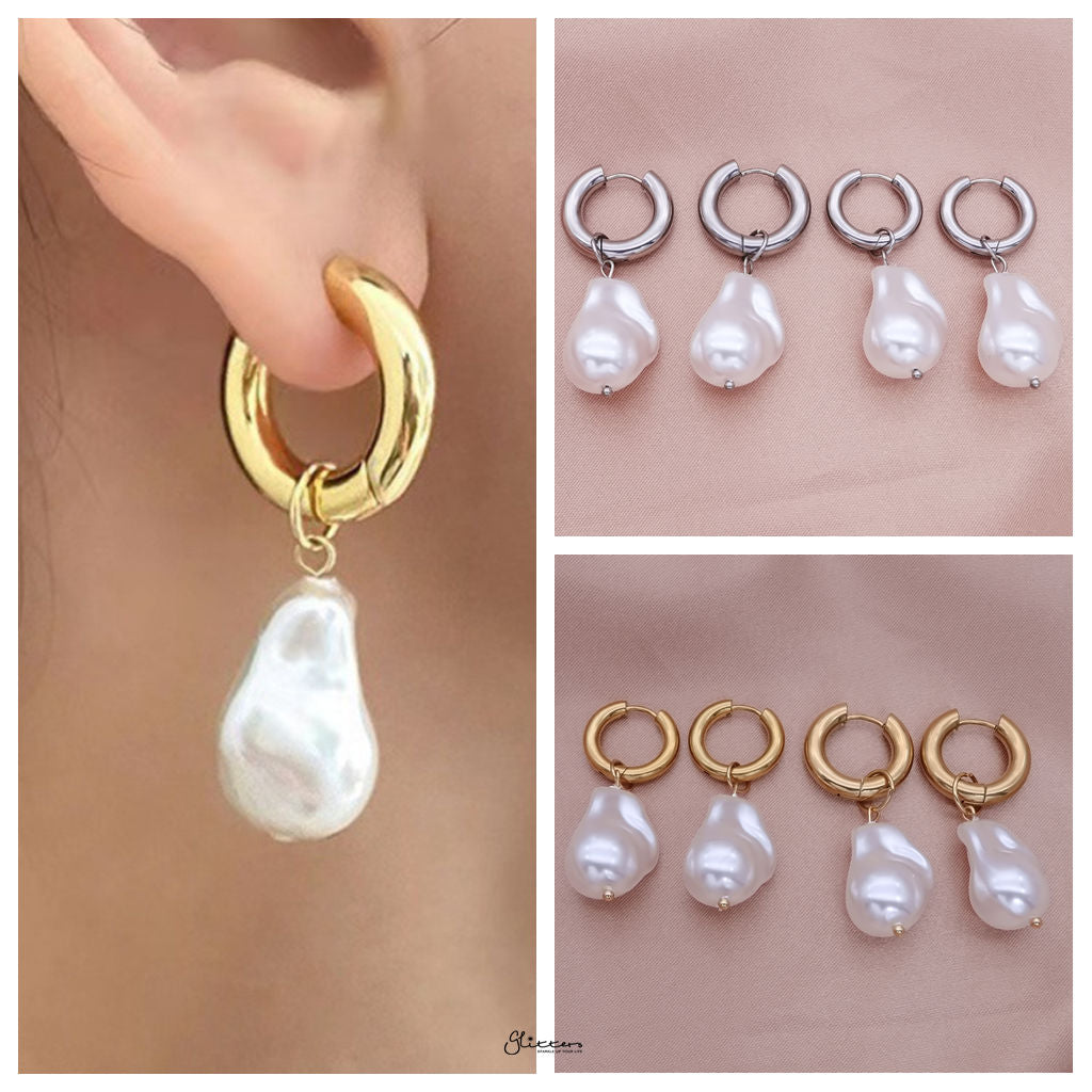 Stainless Steel Hoop Earrings with Pearl Drop - Gold-Earrings-2-Glitters