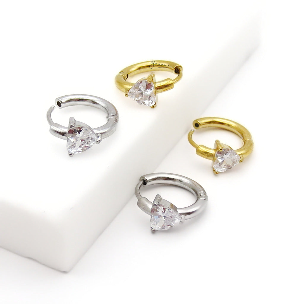 Stainless Steel Heart Cut CZ Huggie Hoop Earrings-Earrings-3-Glitters