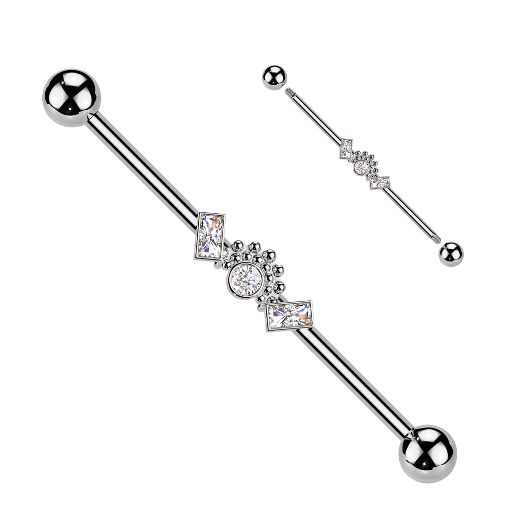 Double Baguette CZ Ends With Round CZ Centre Industrial Barbell - Silver-Industrial Barbells-1-Glitters