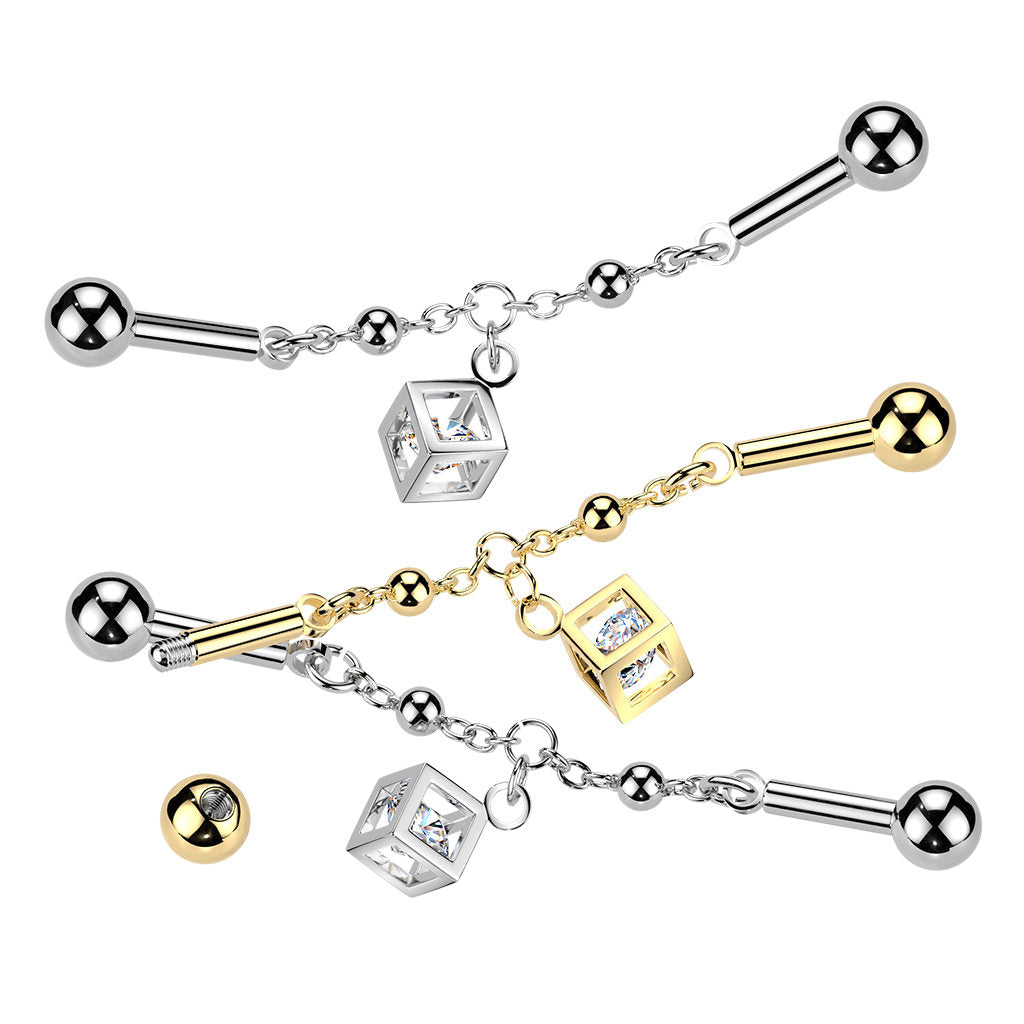 Centered Chain & CZ Cube Dangle Industrial Barbell - Gold-Industrial Barbells-4-Glitters
