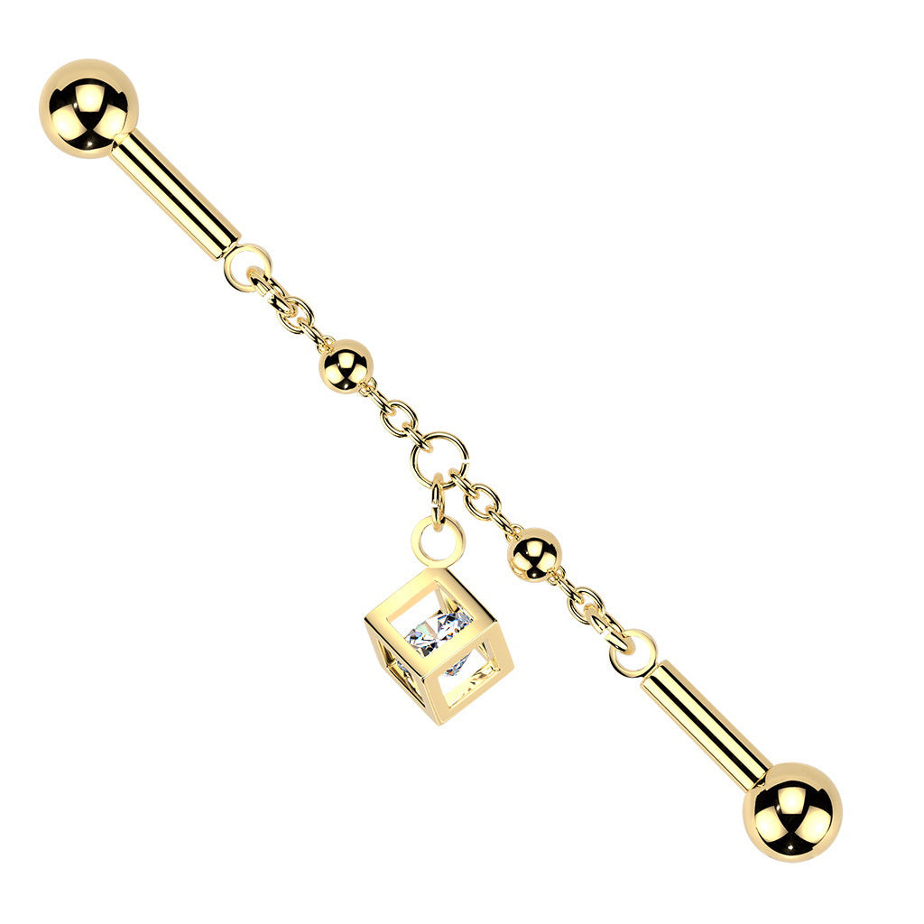 Centered Chain & CZ Cube Dangle Industrial Barbell - Gold-Industrial Barbells-1-Glitters