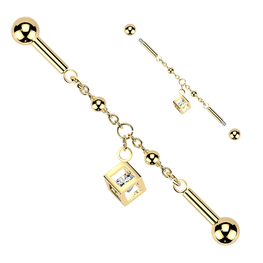 Centered Chain & CZ Cube Dangle Industrial Barbell - Gold-Industrial Barbells-3-Glitters