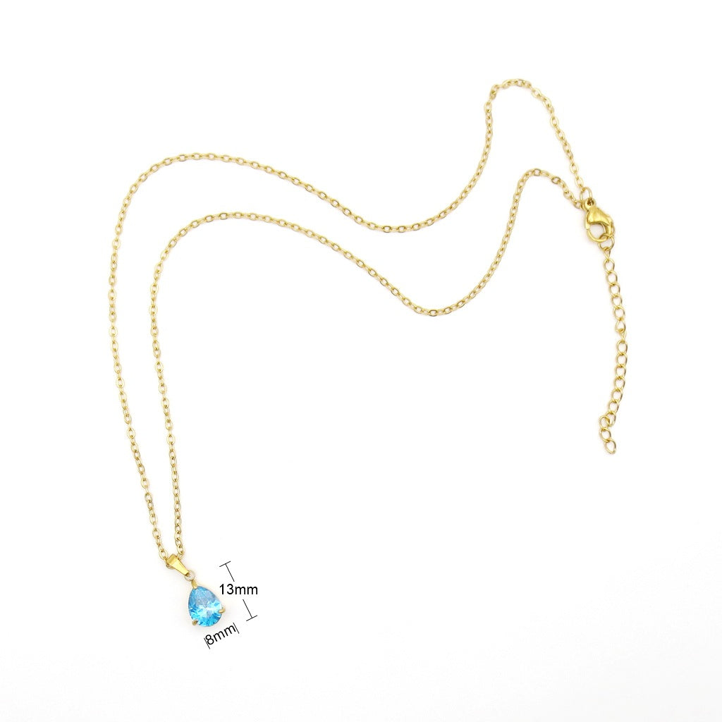 Stainless Steel Pear Cut CZ Teardrop Pendant Necklace - Aqua