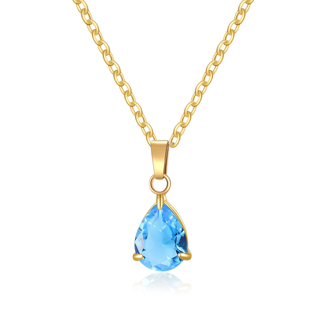 Stainless Steel Pear Cut CZ Teardrop Pendant Necklace - Aqua