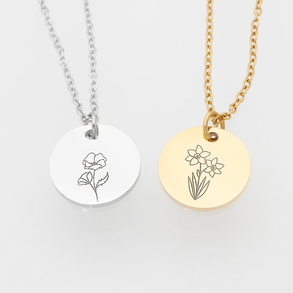 Personalised Round Disc Necklace - Birth Flower-Personalised Jewellery-1-Glitters