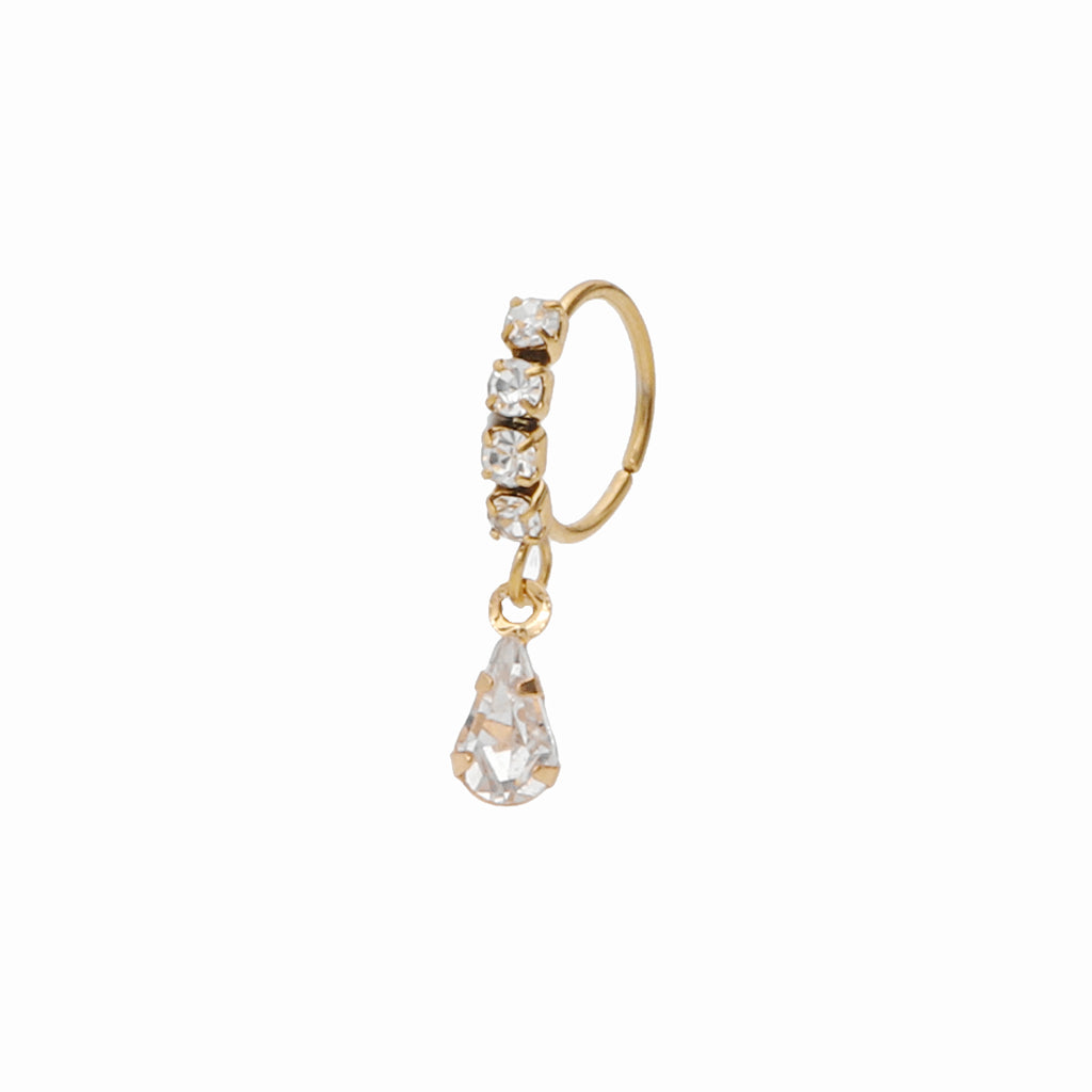 CZ Hoop Nose Ring with Dangle Teardrop CZ - Gold-Nose Studs-1-Glitters